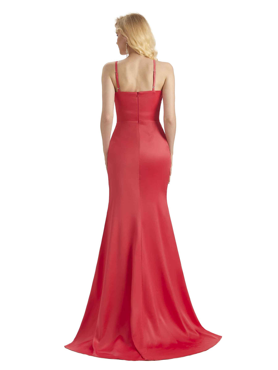 Sexy Soft Satin Side Slit Mermaid Spaghetti Straps Long Bridesmaid Dresses Online