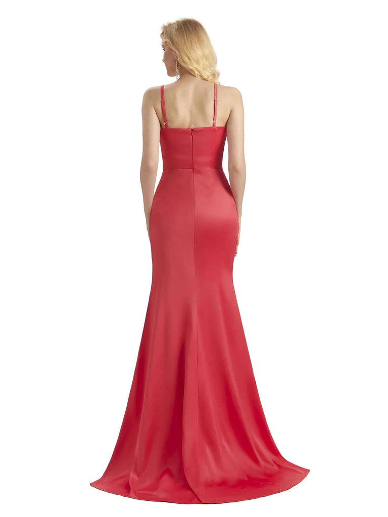 Sexy Soft Satin Side Slit Mermaid Spaghetti Straps Long Party Prom Dresses Online