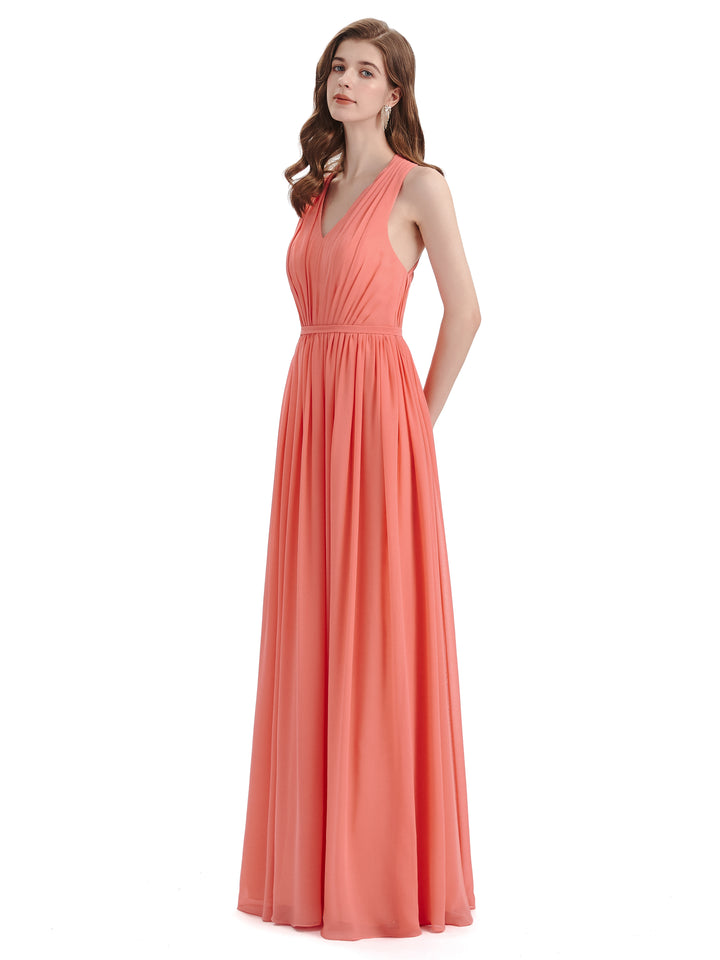 A-Line Sleeveless Pleats Chiffon Cheap Long Bridesmaid Dresses