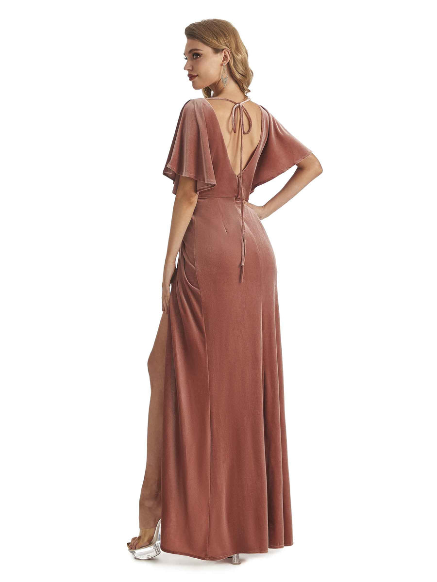 Elegant Mermaid Cap Sleeves Middle Slit Velvet Long Bridesmaid Dresses