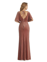 Elegant Mermaid Bat Sleeves Front Slit Velvet Long Wedding Guest Dresses