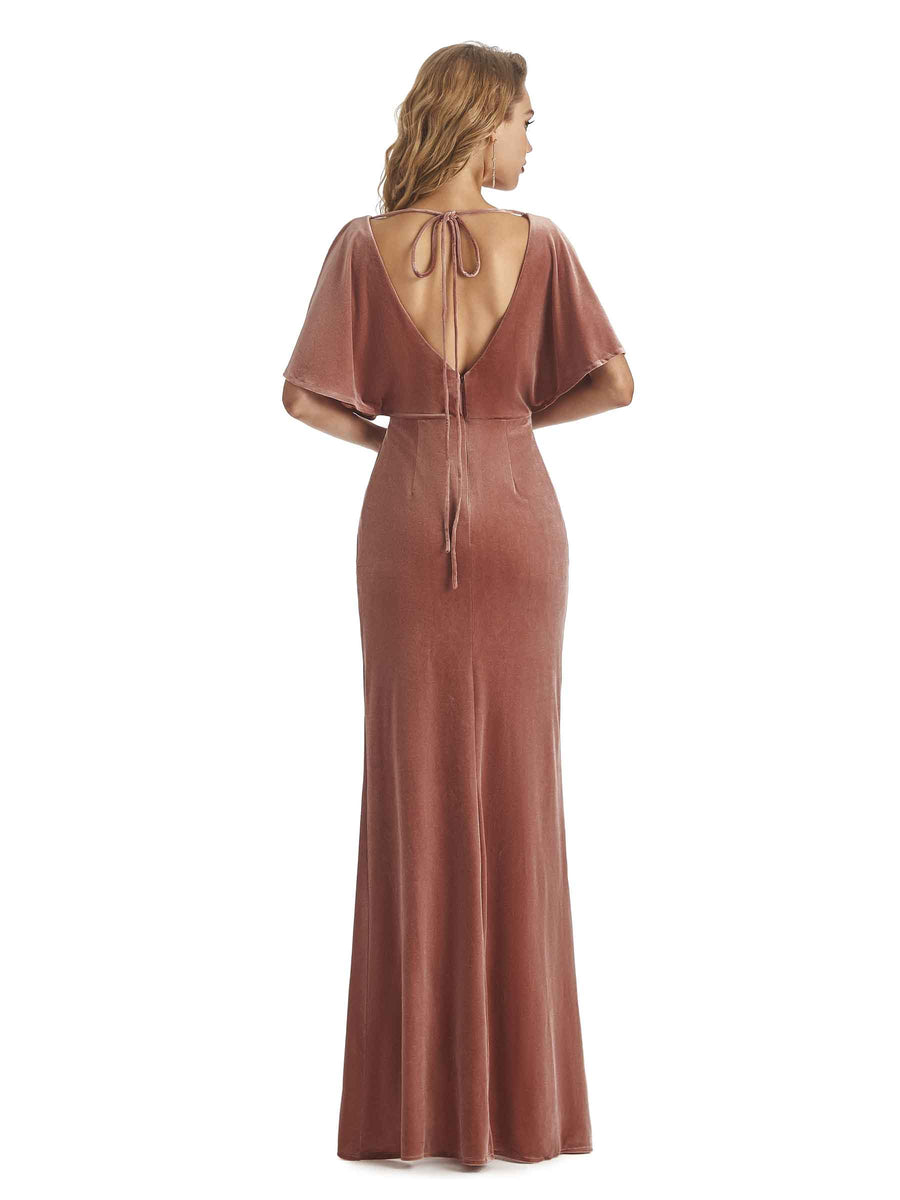 Elegant Mermaid Cap Sleeves Middle Slit Velvet Long Bridesmaid Dresses