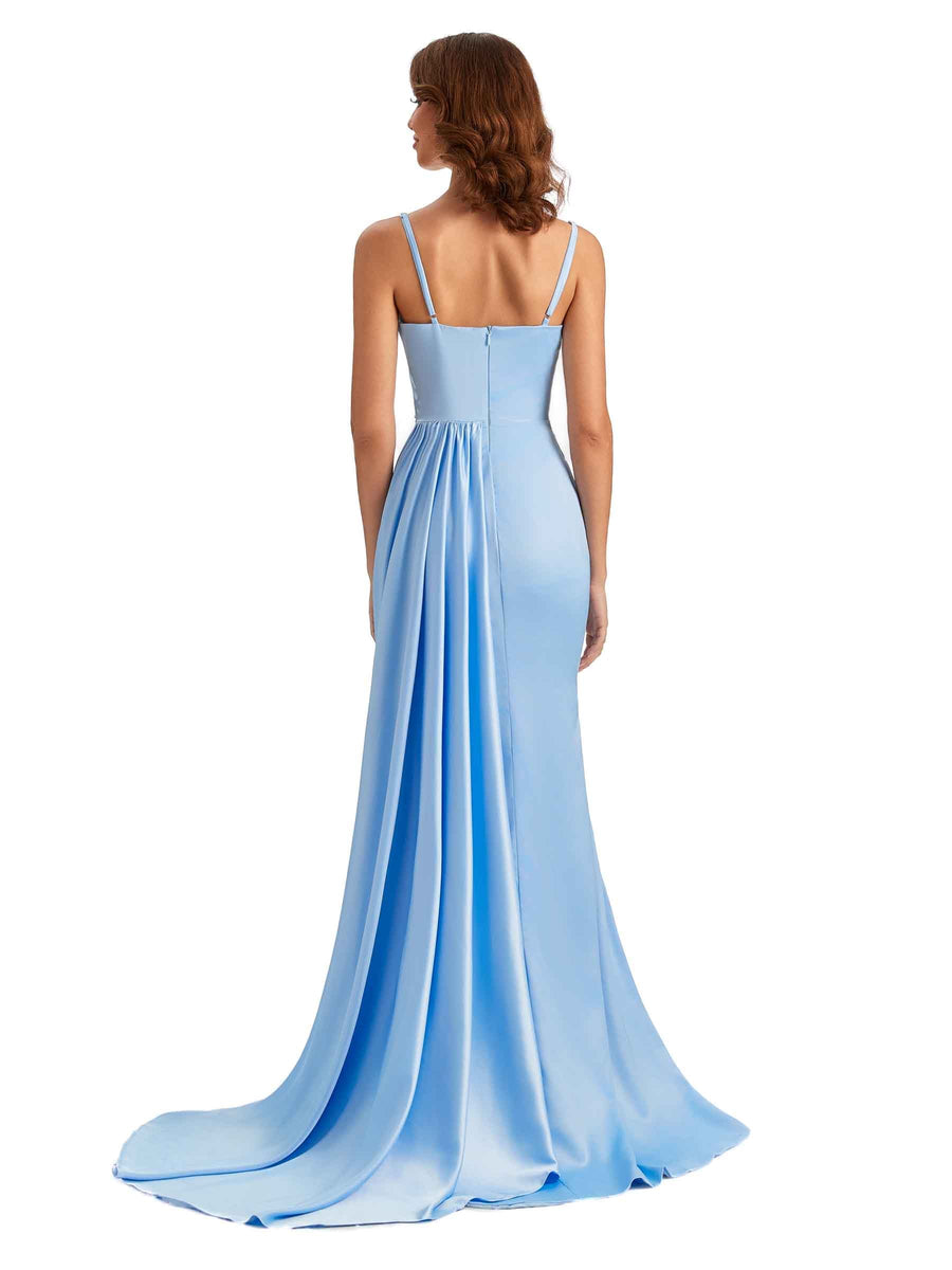 Sexy Mermaid Side Slit Silky Satin Unique Long Maxi Bridesmaid Dress For Wedding