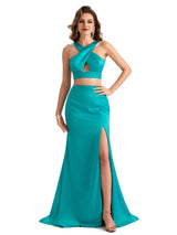 Sexy Side Slit Mermaid Silky Satin Halter Two Pieces Unique Long Bridesmaid Dresses