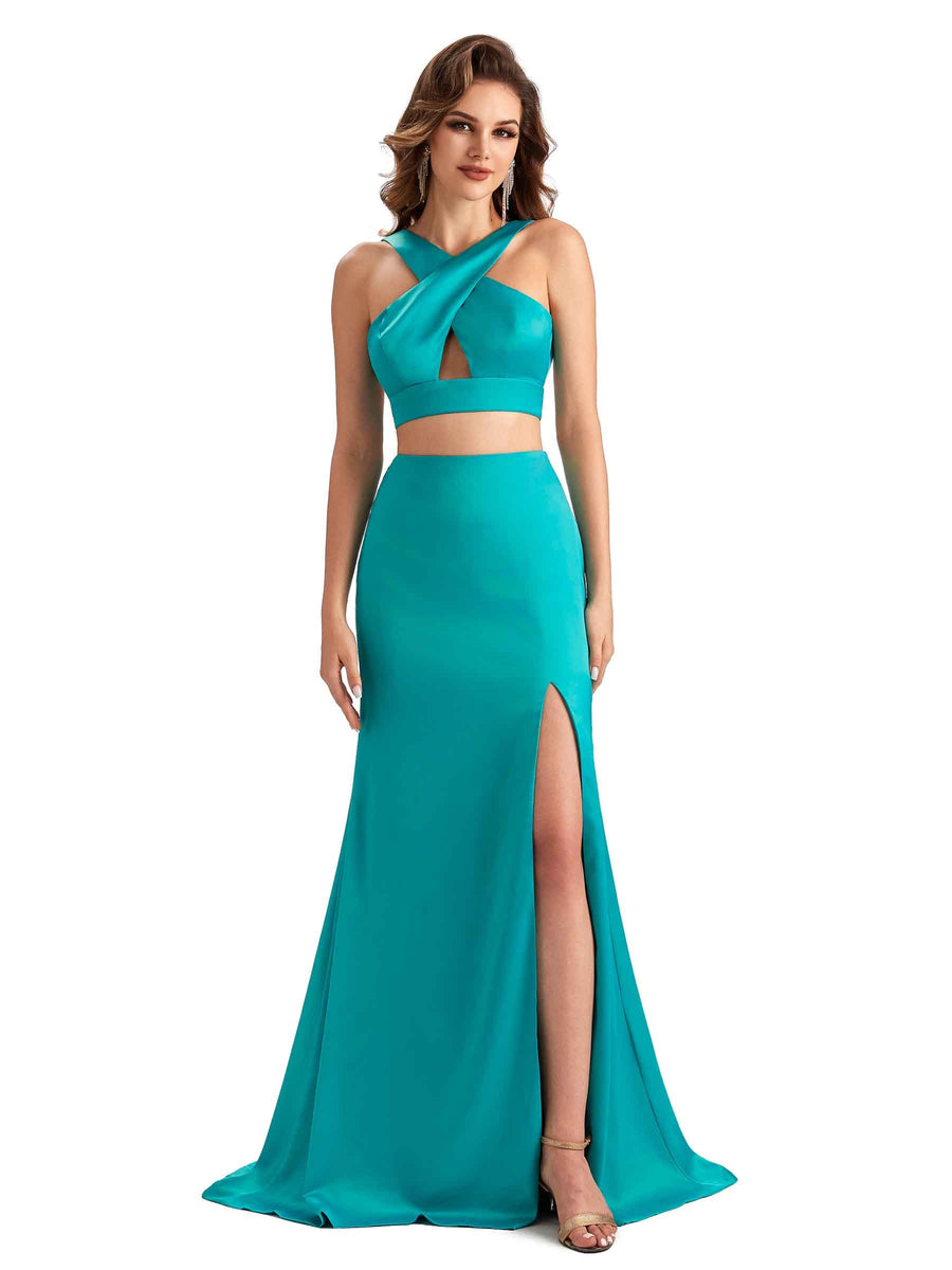 Sexy Side Slit Mermaid Silky Satin Halter Two Pieces Unique Long Bridesmaid Dresses