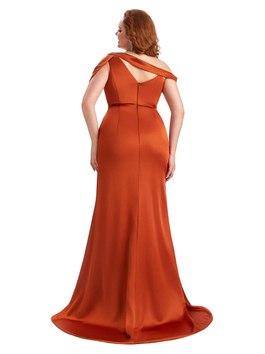 Sexy V-Neck Side Slit Unique Mermaid Soft Satin Long Plus Size Bridesmaid Dress For Wedding