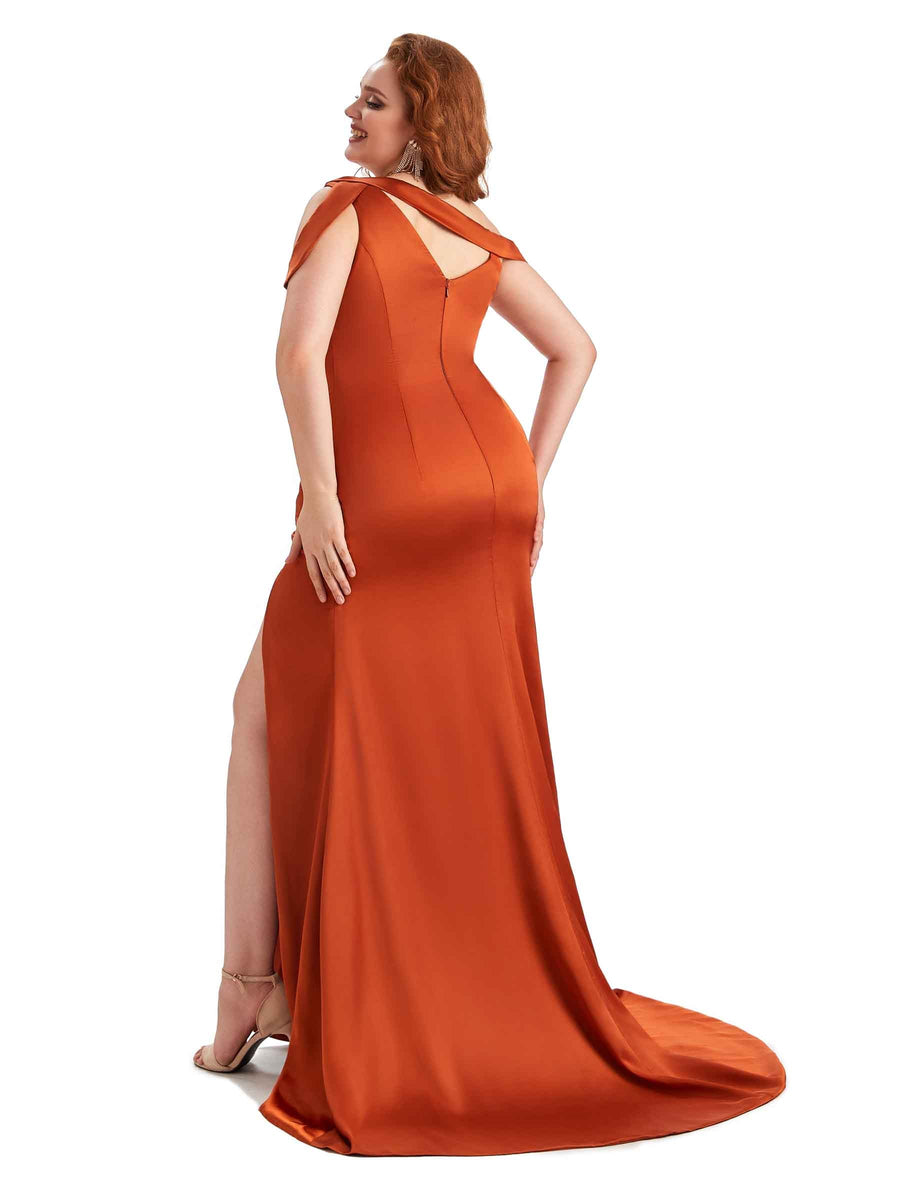 Sexy V-Neck Side Slit Unique Mermaid Soft Satin Long Plus Size Bridesmaid Dress For Wedding