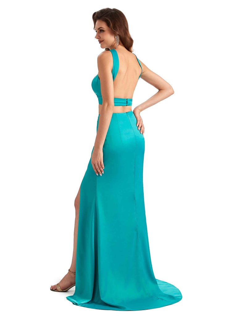 Sexy Side Slit Mermaid Silky Satin Halter Two Pieces Unique Long Bridesmaid Dresses