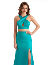 Sexy Side Slit Mermaid Silky Satin Halter Two Pieces Unique Long Bridesmaid Dresses