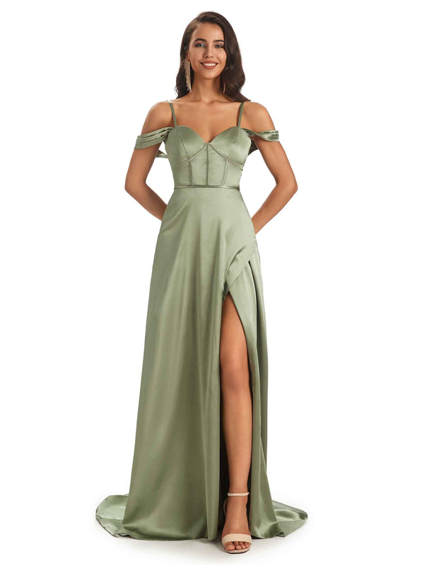 Elegant Satin Side Slit Cold Shoulder Long Prom Dresses For Women