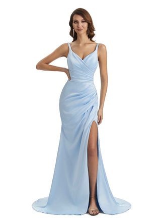 Sexy Side Slit Mermaid Silky Satin Chic Long Maxi Unique Maid of Honor Dresses