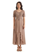 Elegant Short Sleeves Chiffon Lace Ankle-Length Short Mother of The Bride Dresses