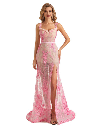 Sexy Side Slit Pink Handmade Flower See Through Long Formal Prom Dresses