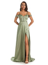 Stylish Soft Satin Side Slit Spaghetti Straps Floor-Length Cold Shoulder Bridesmaid Dresses Online