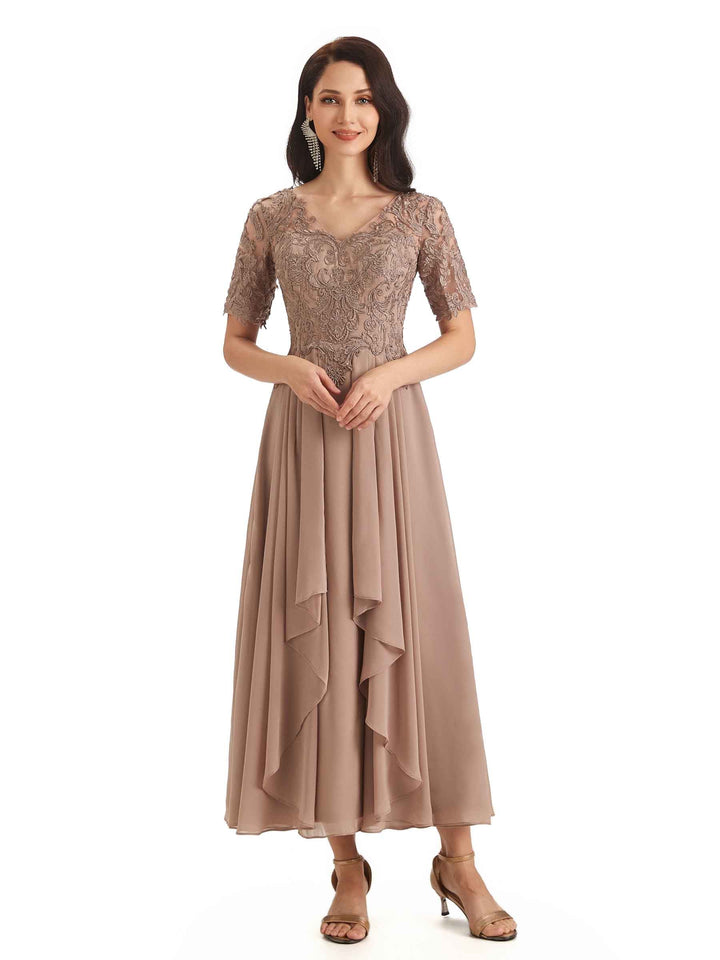 Elegant Short Sleeves Chiffon Lace Ankle-Length Short Mother of The Bride Dresses