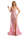 Sexy Side Slit Pink Handmade Flower See Through Long Formal Prom Dresses