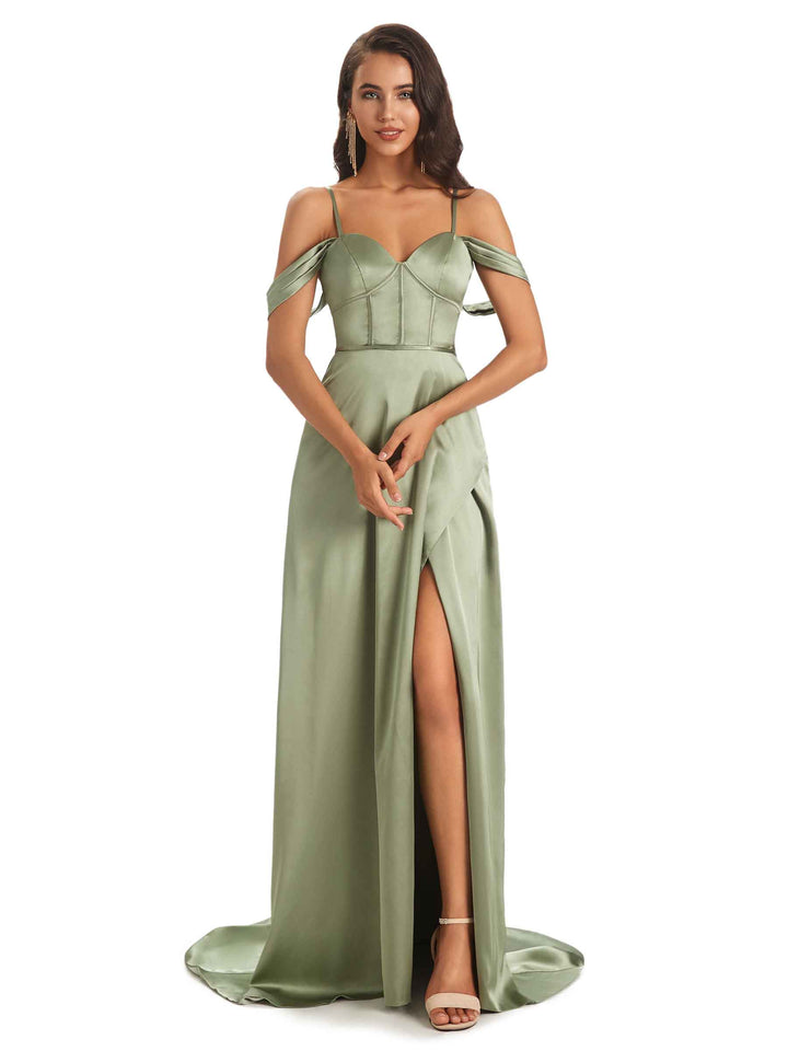 Stylish Soft Satin Side Slit Spaghetti Straps Cold Shoulder Bridesmaid Dresses Online