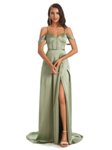 Elegant Satin Side Slit Cold Shoulder Long Prom Dresses For Women