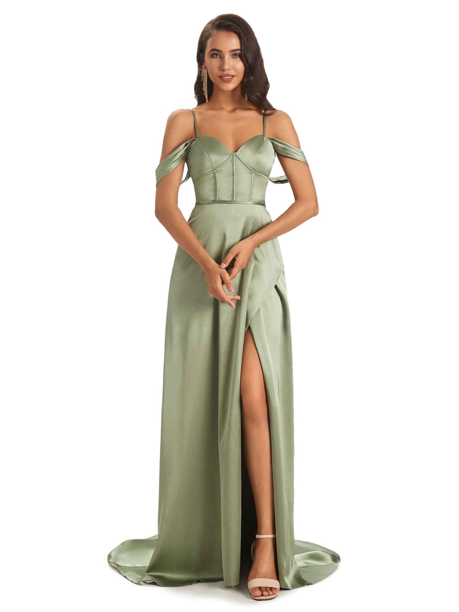 Elegant Satin Side Slit Cold Shoulder Long Prom Dresses For Women