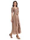Elegant Short Sleeves Chiffon Lace Ankle-Length Short Mother of The Bride Dresses