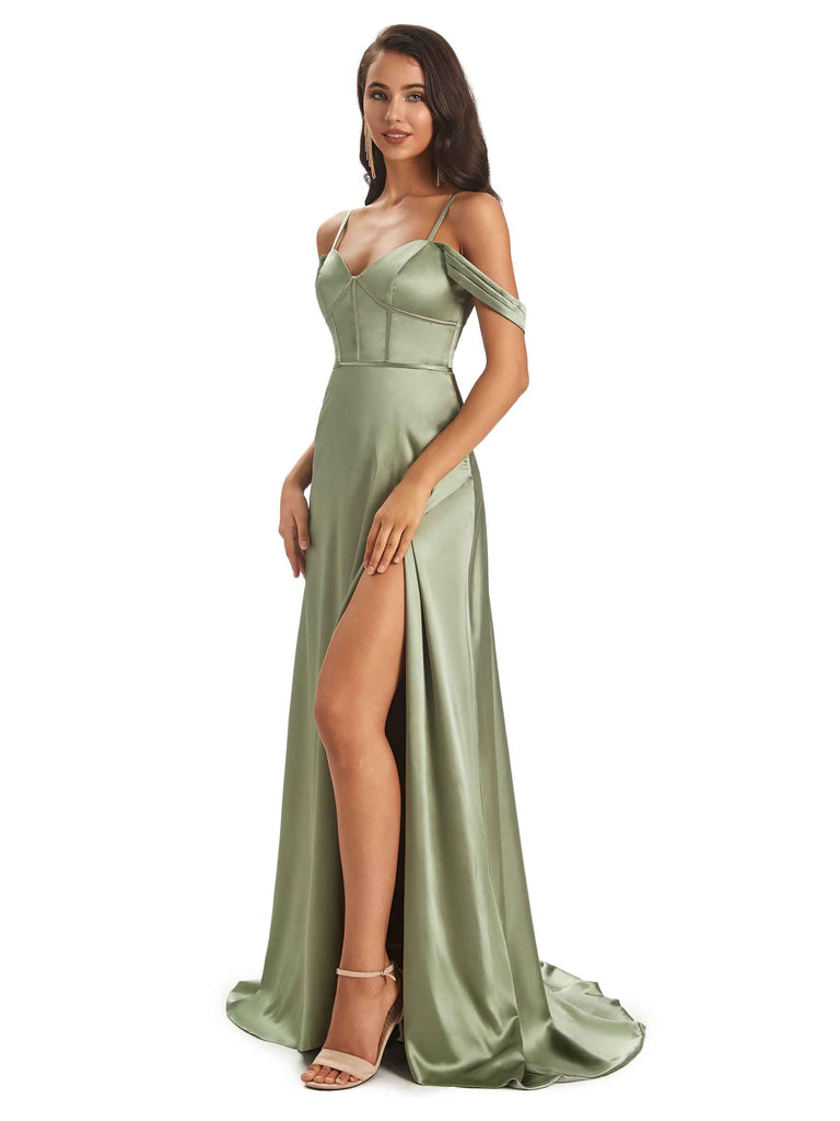 Elegant Satin Side Slit Cold Shoulder Long Prom Dresses For Women