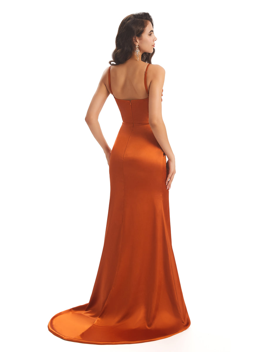 Sexy Mermaid Satin Spaghetti Straps Side Slit Modern Bridesmaid Dresses in stock
