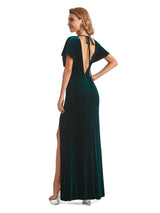 Elegant Mermaid V-Neck Flutter Sleeves Side Slit Velvet Long Wedding Guest Dresses