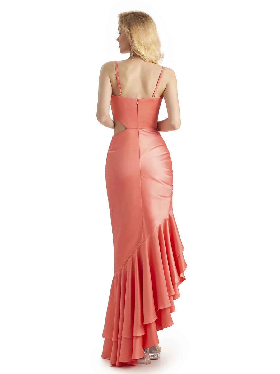 Sexy Spaghetti Straps Mermaid Soft Satin Asymmetrical Mermaid Party Prom Dresses