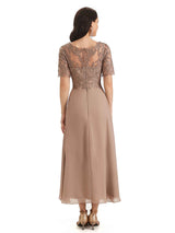 Elegant Short Sleeves Chiffon Lace Ankle-Length Short Mother of The Bride Dresses
