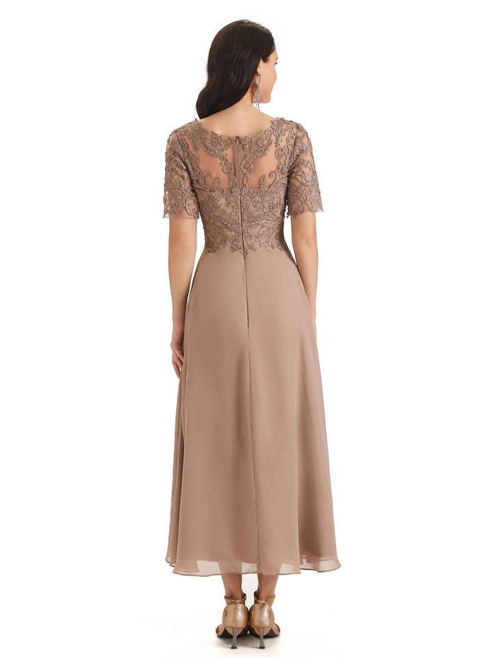 Elegant Short Sleeves Chiffon Lace Ankle-Length Short Mother of The Bride Dresses