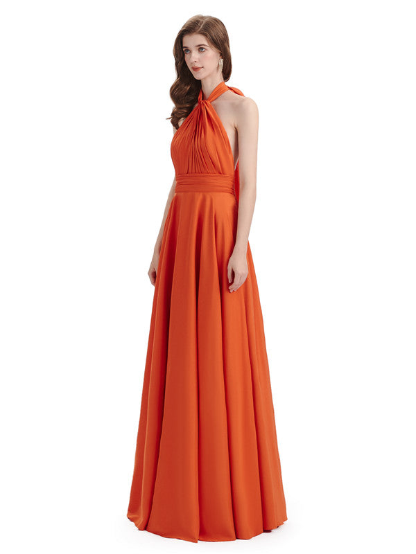 Simple A-Line High Neck Pleats Chiffon Floor Length Bridesmaid Dresses