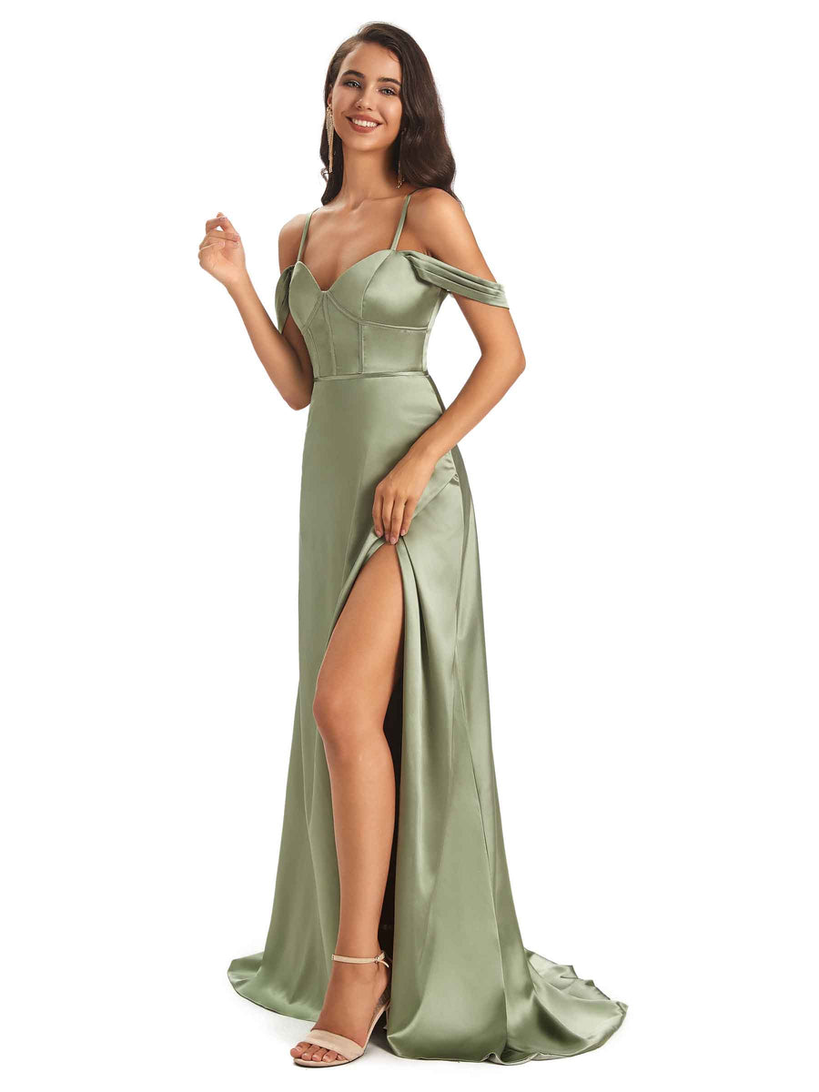 Stylish Soft Satin Side Slit Spaghetti Straps Cold Shoulder Bridesmaid Dresses Online