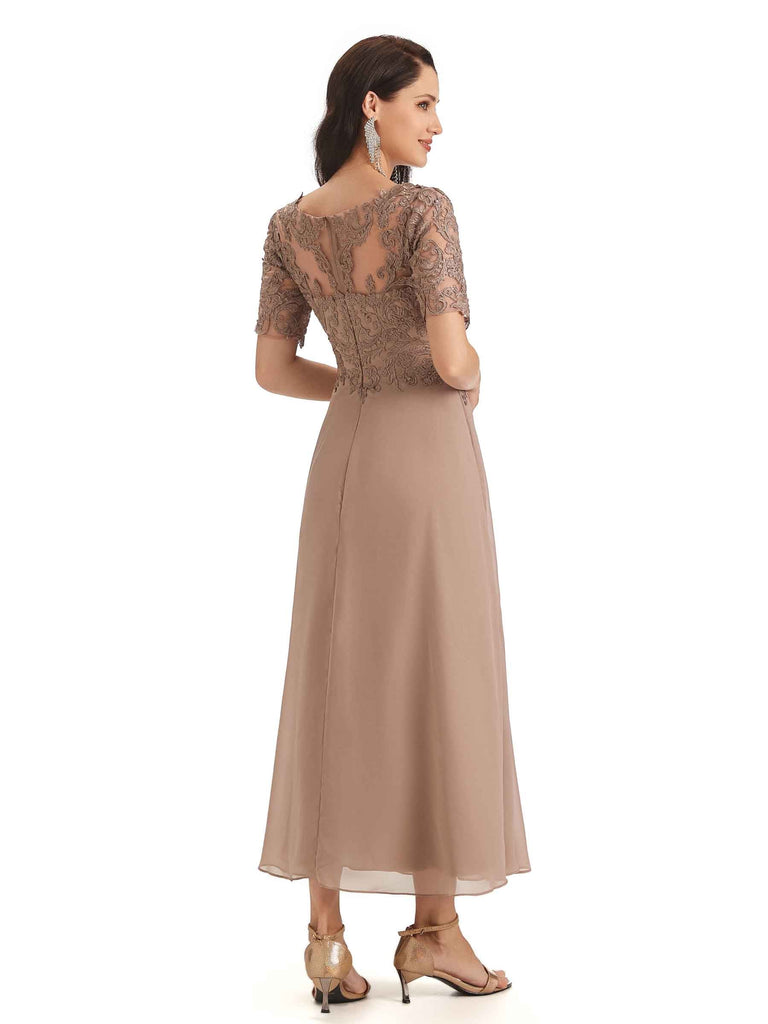 Elegant Short Sleeves Chiffon Lace Ankle-Length Short Mother of The Bride Dresses