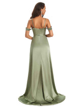 Stylish Soft Satin Side Slit Spaghetti Straps Cold Shoulder Bridesmaid Dresses Online
