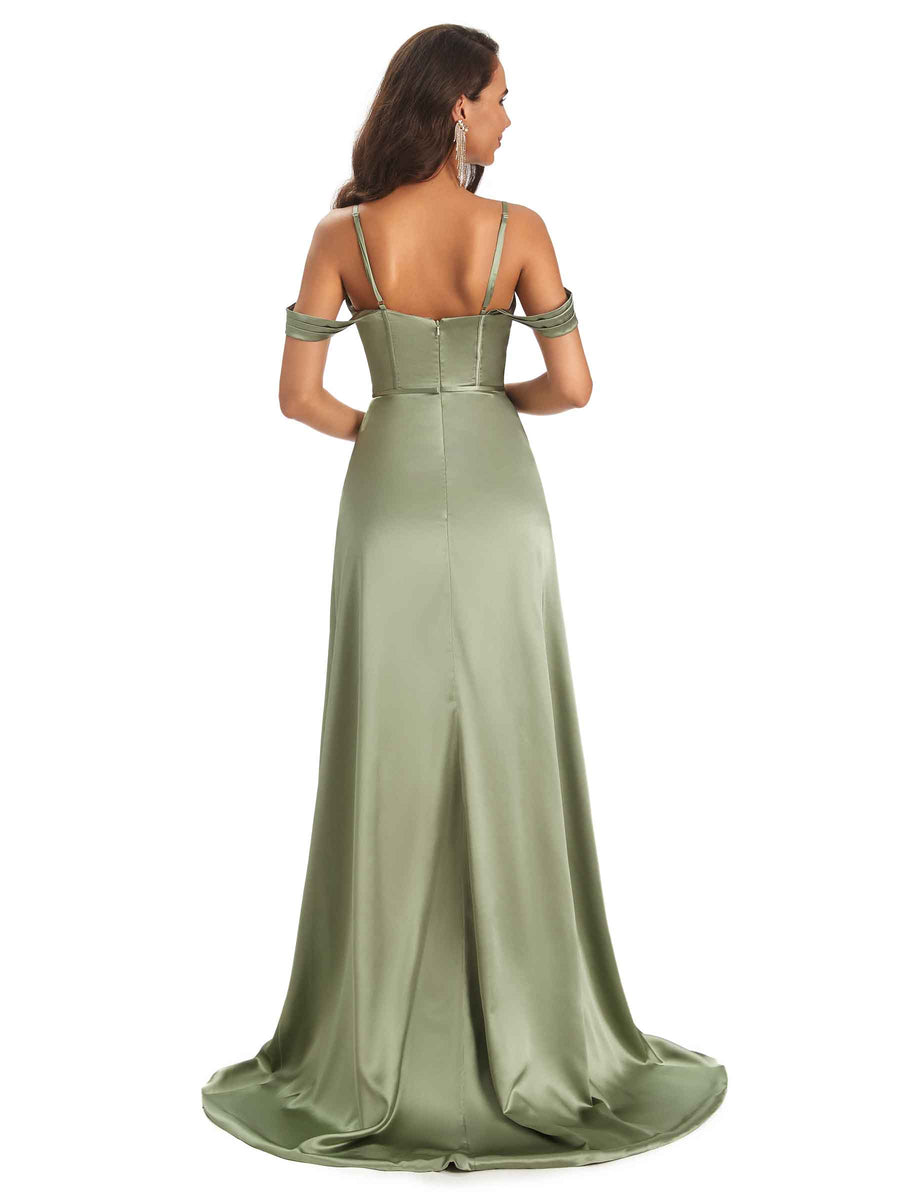 Stylish Soft Satin Side Slit Spaghetti Straps Cold Shoulder Bridesmaid Dresses Online