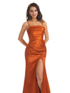 Simple Mermaid Soft Satin Spaghetti Straps Side Slit Long Prom Dresses