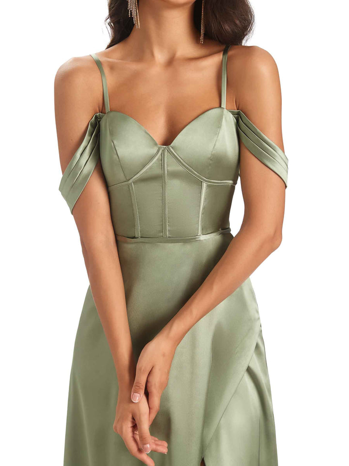 Stylish Soft Satin Side Slit Spaghetti Straps Cold Shoulder Bridesmaid Dresses Online
