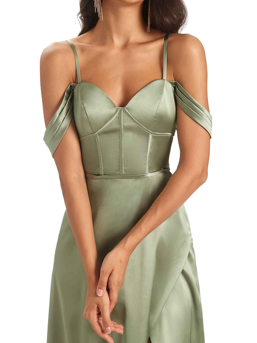 Stylish Soft Satin Side Slit Spaghetti Straps Cold Shoulder Bridesmaid Dresses Online