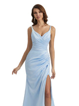 Sexy Side Slit Mermaid Silky Satin Chic Long Maxi Unique Maid of Honor Dresses