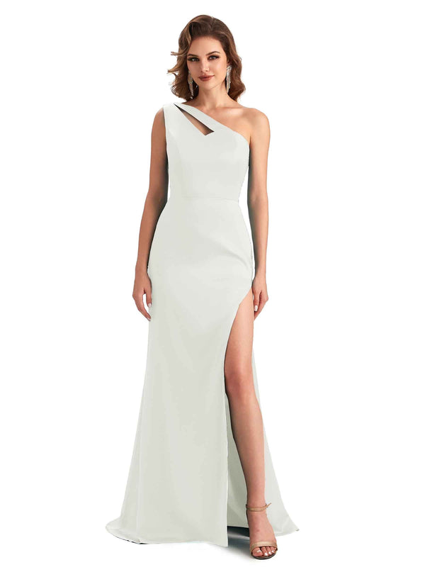Sexy Side Slit Mermaid Silky Satin One shoulder Chic Long Bridesmaid ...