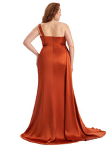 Plus Size Elegant One Shoulder Side Slit Mermaid Soft Satin Long Bridesmaid Dress For Wedding
