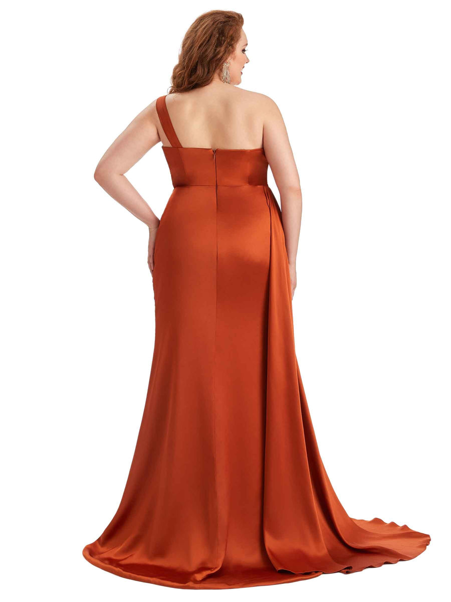 Plus Size Elegant One Shoulder Side Slit Mermaid Soft Satin Long Bridesmaid Dress For Wedding