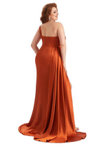 Plus Size Elegant One Shoulder Side Slit Mermaid Soft Satin Long Bridesmaid Dress For Wedding