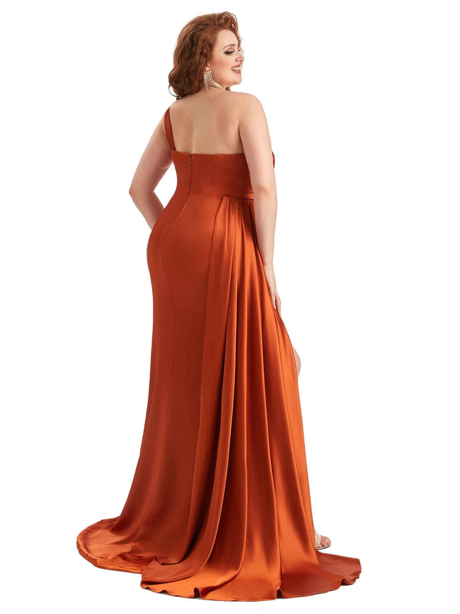 Plus Size Elegant One Shoulder Side Slit Mermaid Soft Satin Long Bridesmaid Dress For Wedding