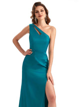 Sexy Side Slit Mermaid Silky Satin One Shoulder Unique Maid Of Honor Dresses