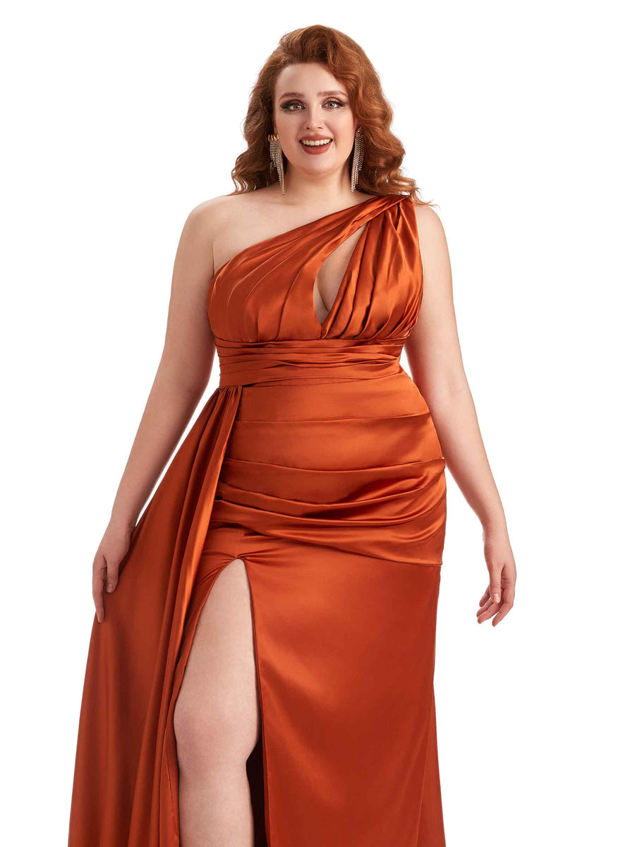 Plus Size Elegant One Shoulder Side Slit Mermaid Soft Satin Long Bridesmaid Dress For Wedding