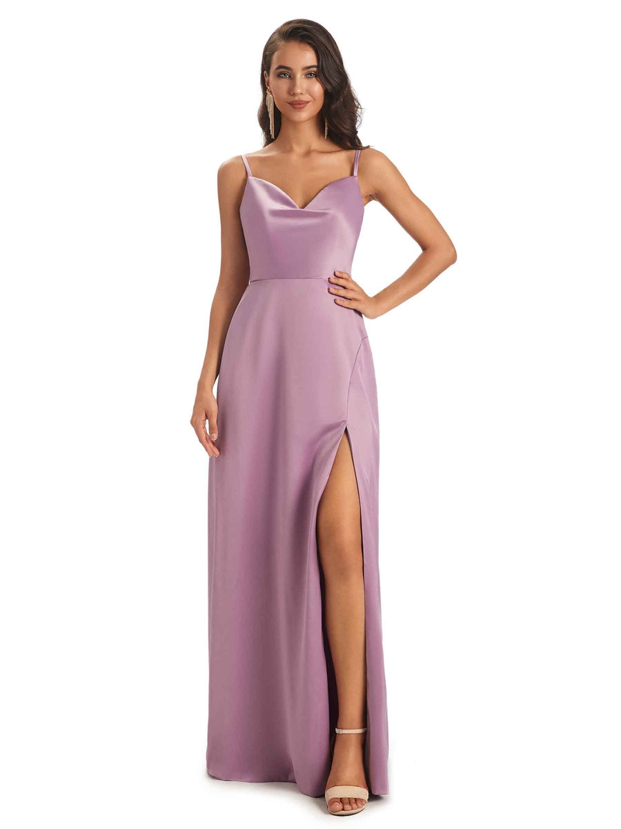 Sexy Soft Satin Side Slit Spaghetti Straps Simple Long Mermaid Prom Dresses
