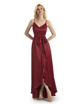 Elegant High Low V-neck Satin Formal Evening Dresses For Women Online