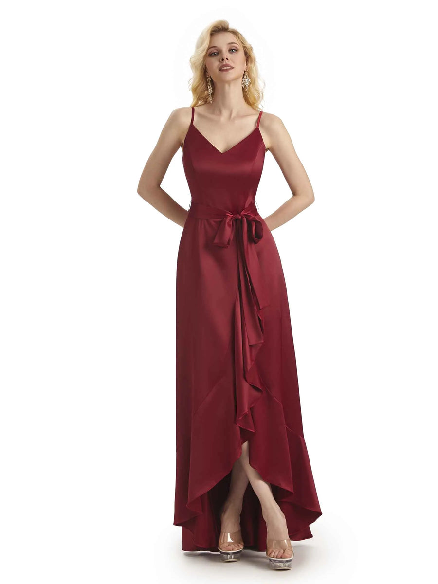 Elegant Spaghetti Straps V-neck Asymmetrical Satin High Low Prom Dresses