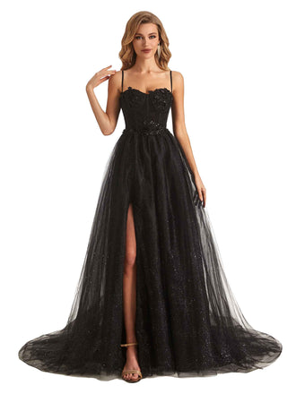 Sexy Side Slit Black Spaghetti straps Lace Formal Prom Dresses Online